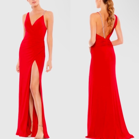 NWT Ieena for Mac Duggal Red Asymmetrical Pearl Strap V Neck Gown Style  #26531 - Picture 1 of 8